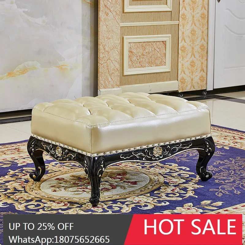 MJY European Style Home Sofa Footstool Ebony Color Shoe Changing Footstool Genuine Leather Solid Wood Carved