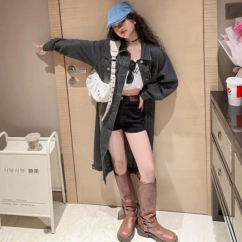 Teen Girls Denim Trench Coat for Autumn Retro Style Loose Casual Blue Long Kids overcoat Clothes Children Outerwear 12 13 14Year