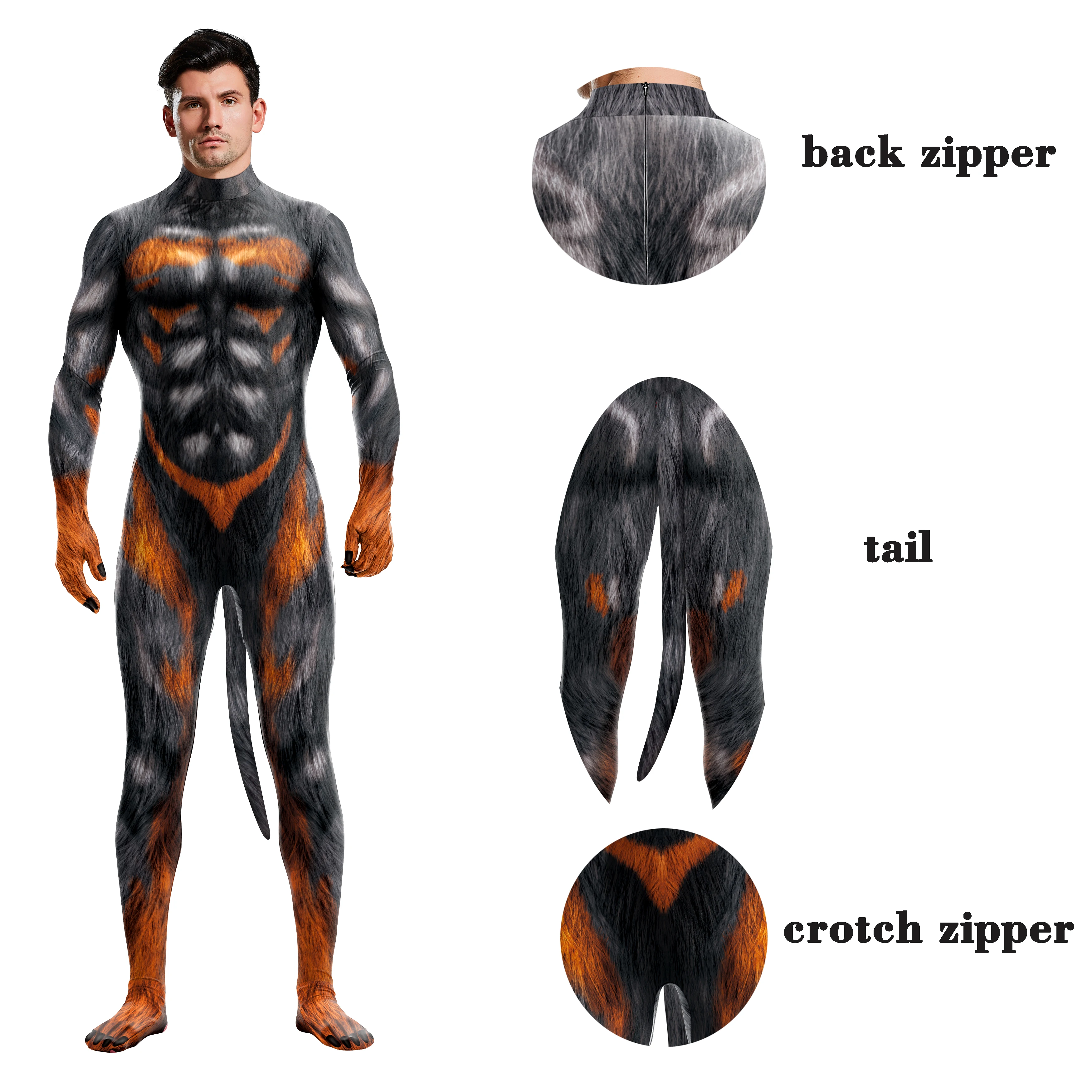 Traje do dia das bruxas dos homens elástico carnaval festa de fitness animal bodysuit completo com cauda das mulheres trajes inteiros zentai terno adulto