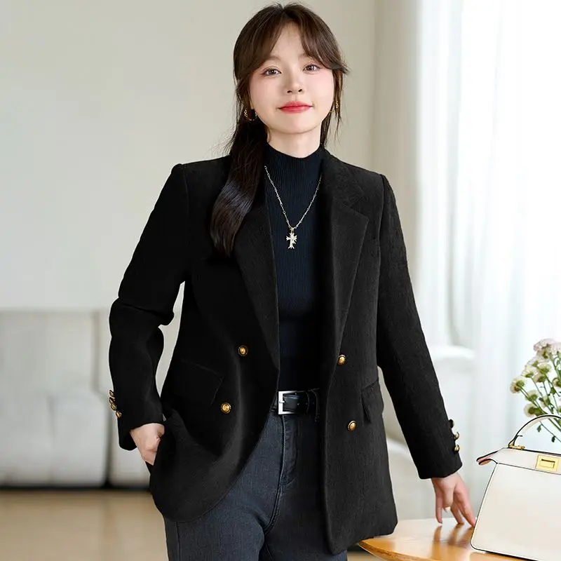 UNXX Black Blazers Women Tweed Double Breasted Blazer Coat Vintage Long Sleeve Pockets Outerwear Fashion Jacket Women Clothing
