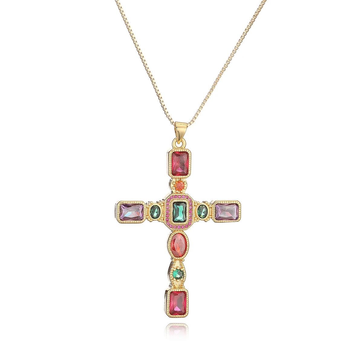 NEWBUY Hot Sale Luxury Colourful AAA Cubic Zirconia Copper Jewelry Statement Big Size Cross Pendant Necklaces For Women Men