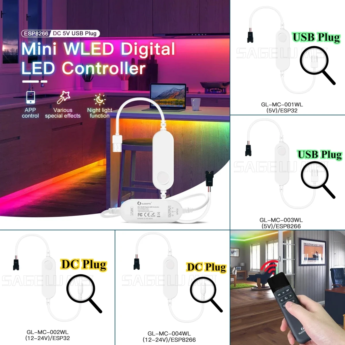 

WLED ESP8266/ESP32 Mini LED Controller DC 5V USB RGB IC Digital Dynamic Lights For WS2811/2812/2812b/2815 SK6812 Strip DC12-24V