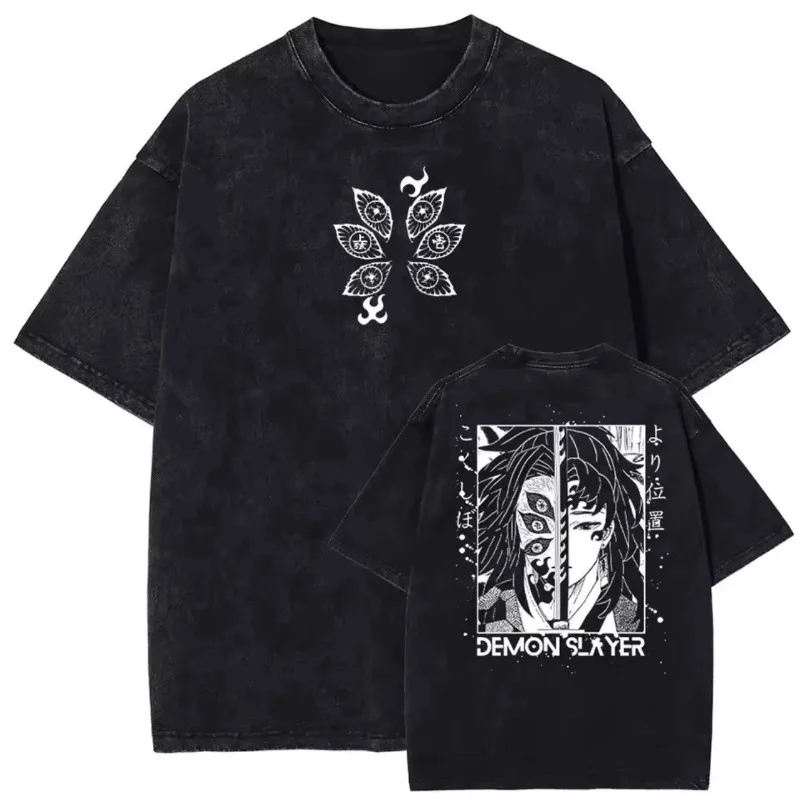 Anime Demon Slayer Blade, One of The Top Chords, Black Dead Mou Unisex Washed Oversized T-shirt for Spring and Summer New Styles