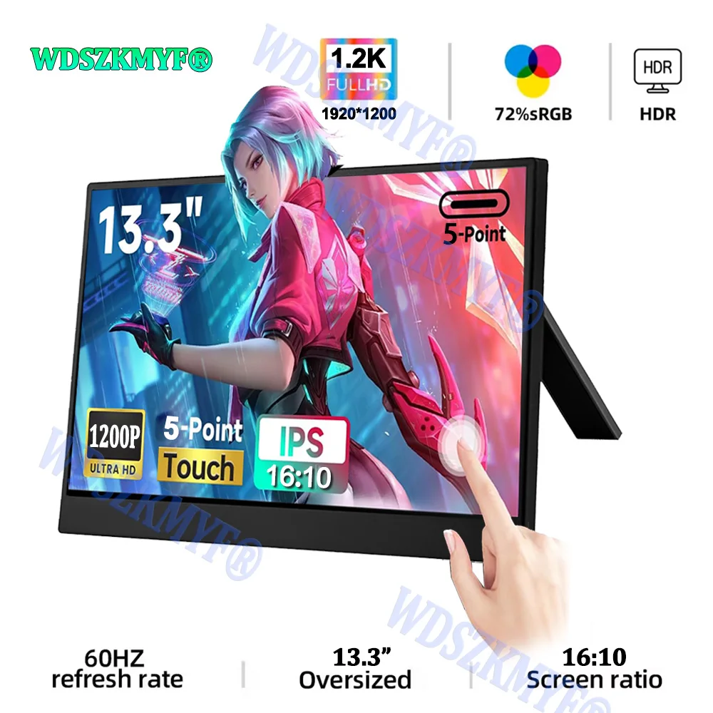 

13,3-дюймовый портативный сенсорный монитор IPS-панель USB-C 1200P FHD 60 Гц, совместимый дорожный дисплей для ПК, ноутбука, переключателя Xbox