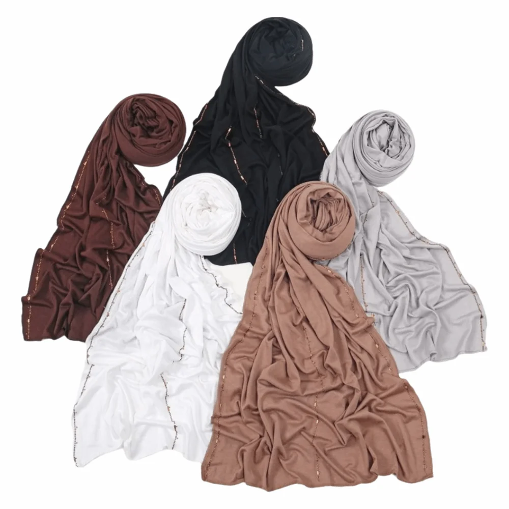 

Высококачественный дышащий хиджаб-шарф с стразами, мягкий однотонный эластичный платок с блестящим краем, повязка на голову, тюрбан для женщин