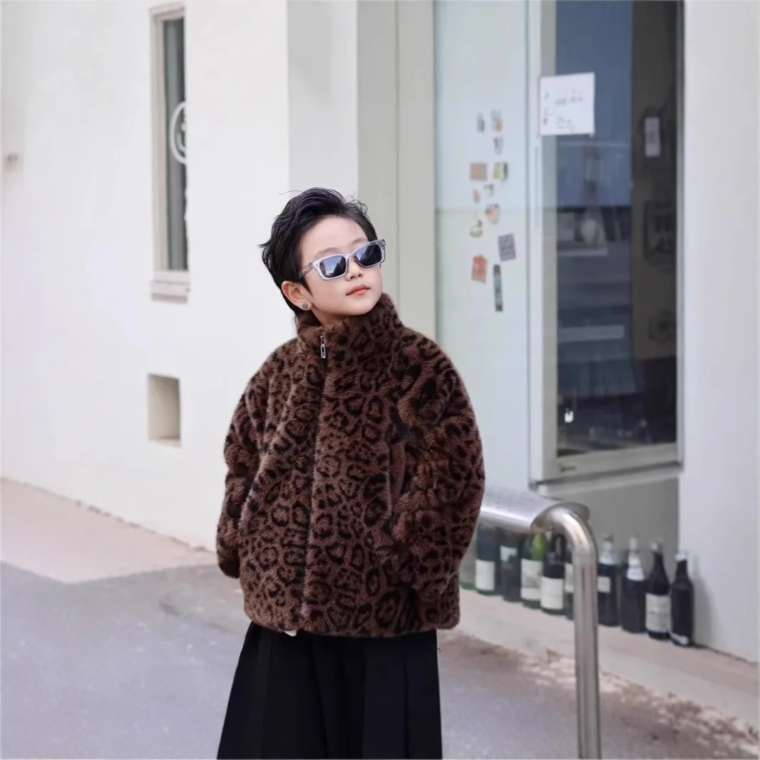 

2025 Autumn Winter Boys New Stylish Leopard Print Faux Fur Coat Baby Fashion Thick Cotton Coat Boys Warm Trendy Top