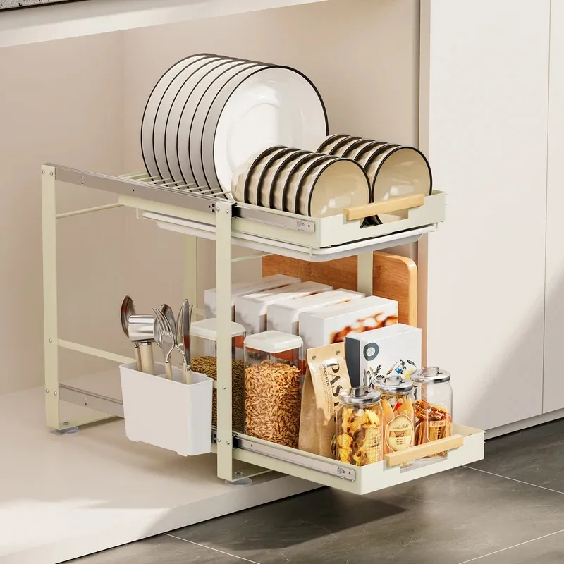 Door-shaped gold double-layer pull-out dish rack, slide-out cabinet plate holder organizer, kitchen storage shelf system