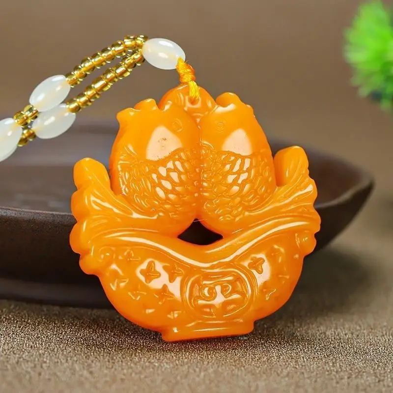 ade Double-Sided Carved Rich and Safe Double Fish Pendant Yellow Dragon Jade Every Year There Are More Fish Pendant Pendant