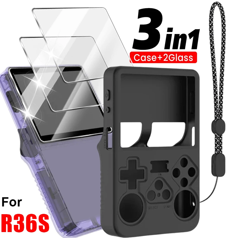 

3 IN 1 Case+Glass for R36S Game Console Soft Silicone Anti-Scratch Case with Lanyard & Screen Protectors Tempered Glass Films