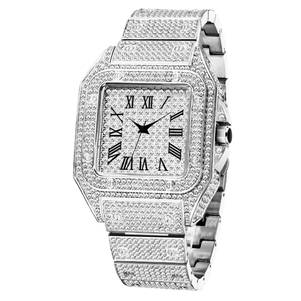 Luxury Moissanite Iced Out Watches, Hip Hop Bust Down Unisex Diamond Watch, Stainless Steel Moissanite Studded Wrist Watch