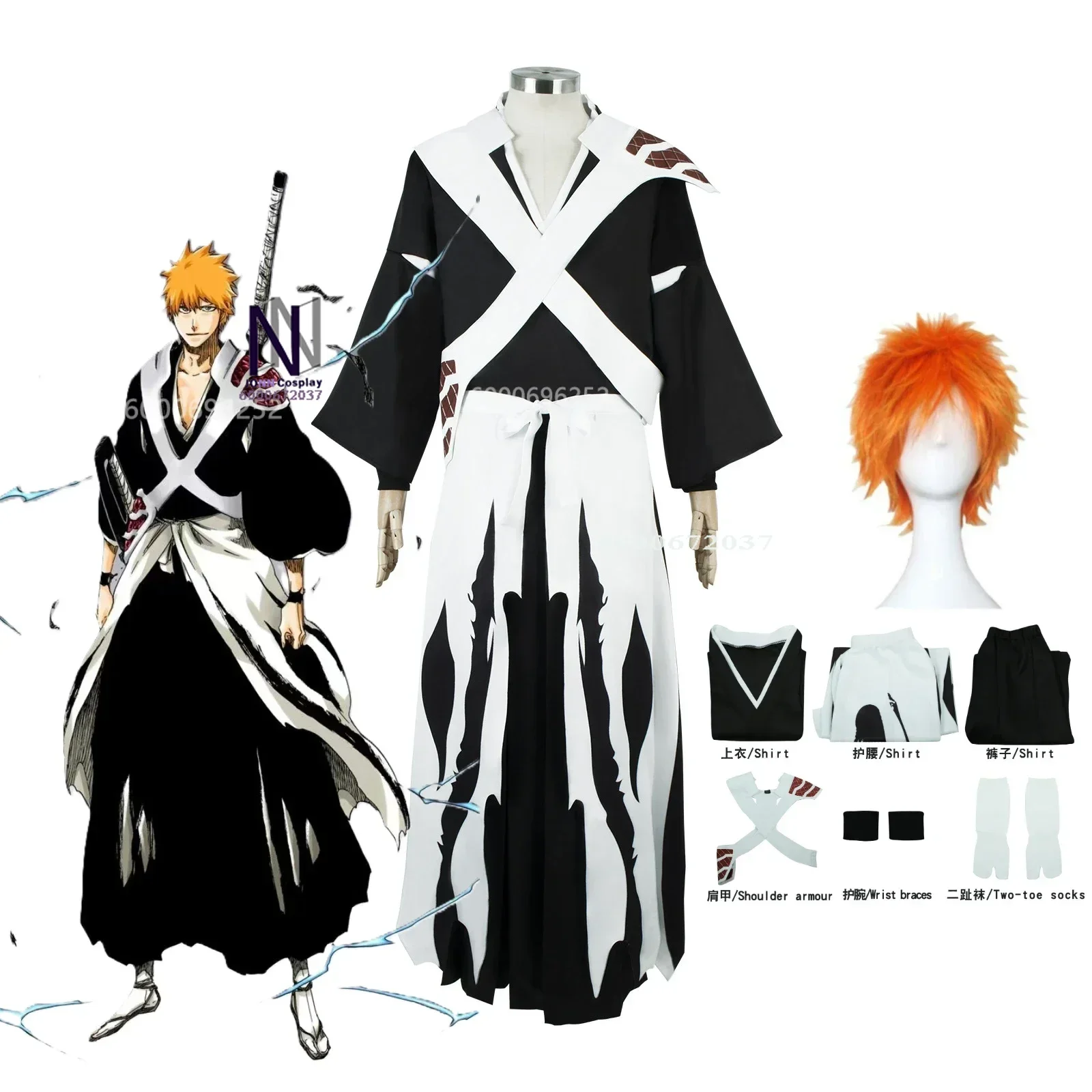 

Bleach Thousand-Year Blood War Kurosaki Ichigo Cosplay Costume Wig Shinigami Attire Pauldron Outfit For MenHalloween New Party