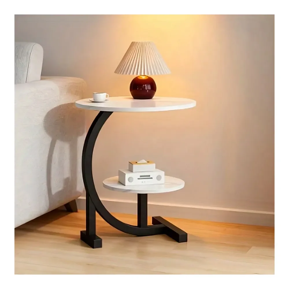 

Luxury Wrought Iron Wood Hybrid Side Table With MarbleLike White Top SpaceSaving Sofa Bedside Coffee Table With Storage Shelf,