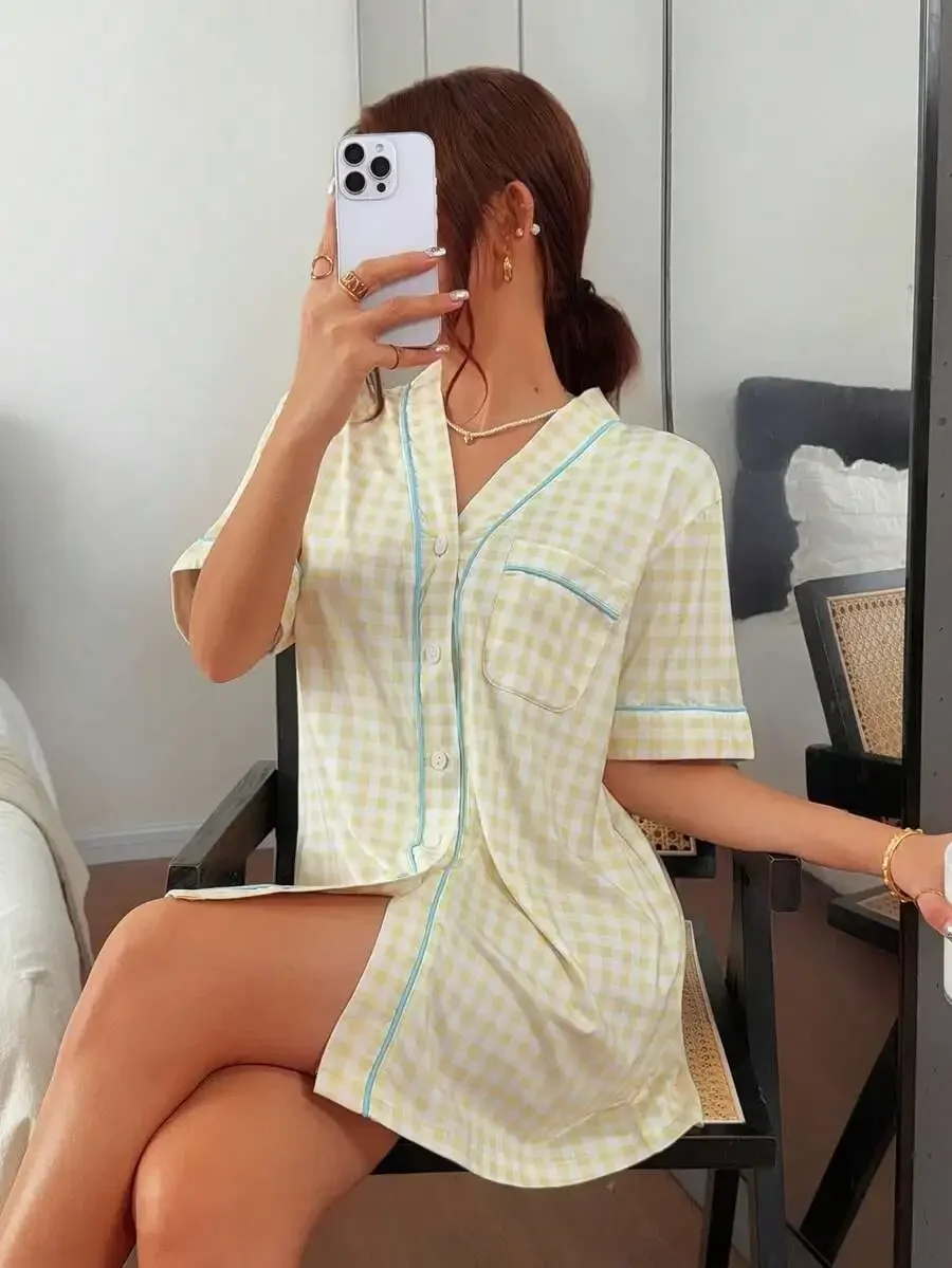 

Yellow Plaid V-Neck Short Sleeve Sleep Top For Women