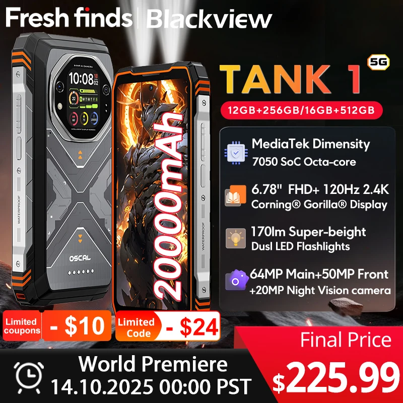 【World premiere】Blackview Oscal TANK 1 Rugged SmartPhone 5G MediaTek Dimensity 7050 6.78" 2.4K 120Hz Display 20000mAh NFC 64MP
