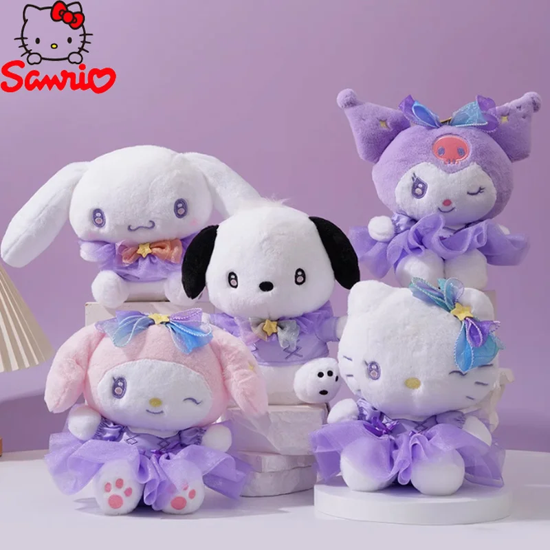 Sanrio Authentic Family Shiny Bow Series Kuromi Pochacco Hellokitty Plush Doll Kawaii Melody Stuffed Doll Toy Girl Birthday Gift