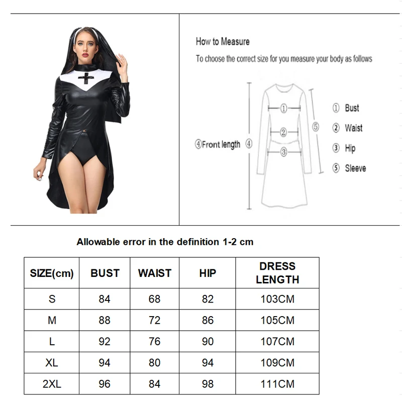 Carnevale Halloween Lady Leather Nun about Costume Church conyfriator Nurse Tuxedo Outfit Cosplay Party Fancy Dress