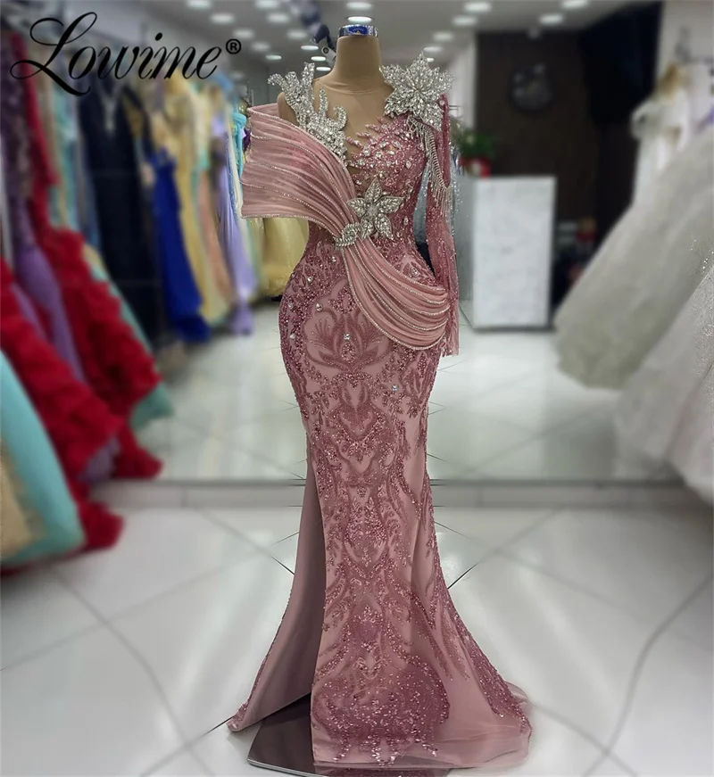 Robe Soirée Femme Mermaid Pink Prom Dress Long Sleeve Luxury Wedding Party Dresses For Women Arabic Dubai Evening Gown Customize