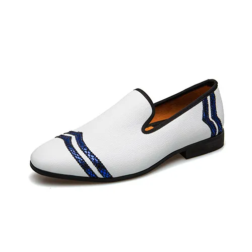 Men's White Leather Loafers with Gold Metallic Stripes - Slip-On Formal Smoking Shoes for Wedding Party Prom Business