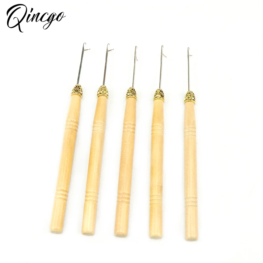 Wooden Handle Hook Needles 5pcs Pulling Hook Crochet Hair Extension Loop Needle Threader Wire Tool For Silicone link Rings Beads