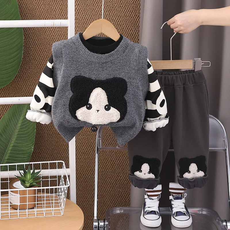 Boys Thick Clothes Sets Winter Children Woolen Jersey Sweaters Vest Sweatshirts Pants 3pcs Cute Warm Suit For Baby Outfits Kids