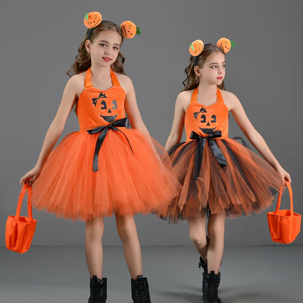 Halloween Child Pumpkin Cosplay Costume Girls  Nylon Mesh Tutu Dress Headdress Bag Kids Birthday Party Performance Dresses