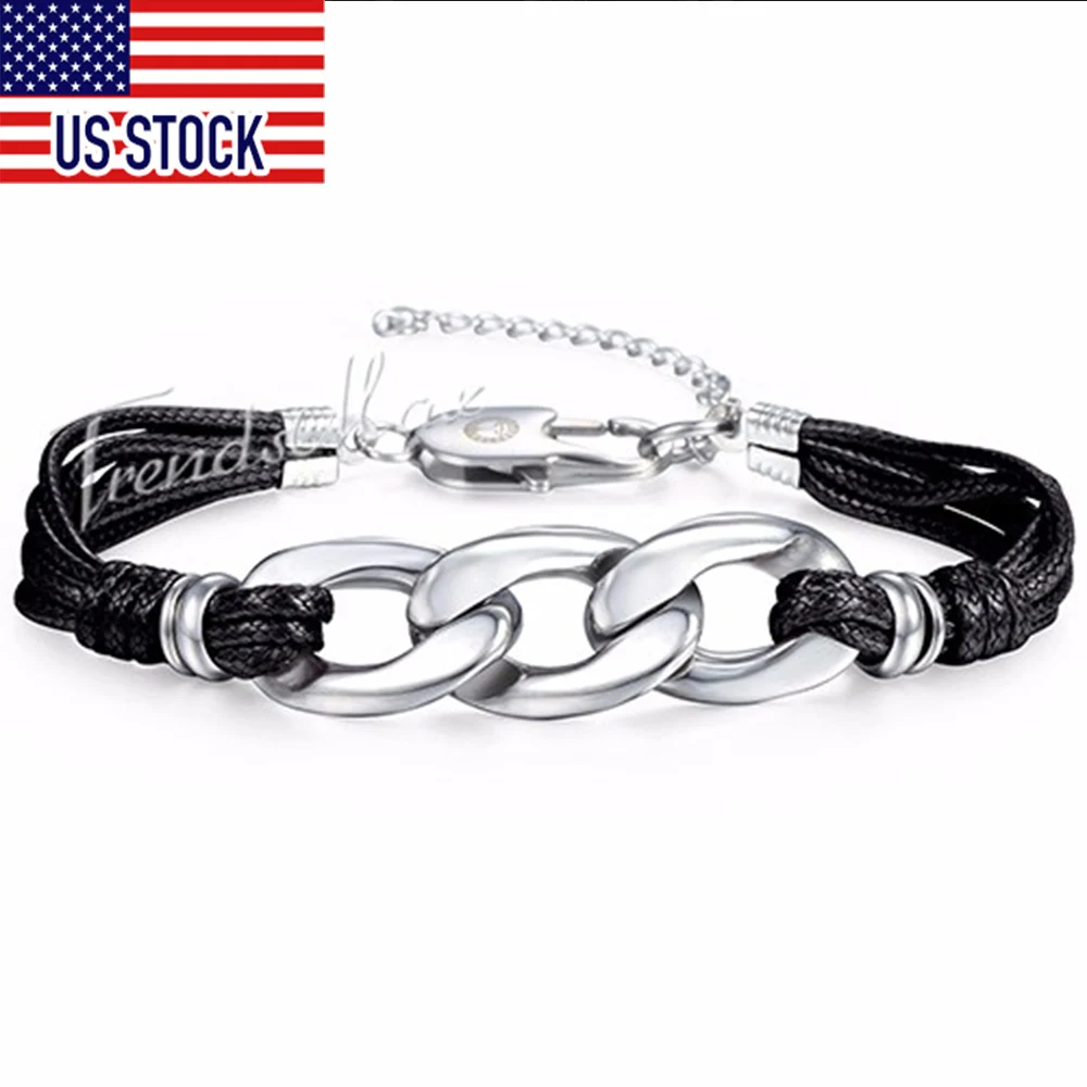 Mens Womens  Couples Bracelet Chain Man-made Leather Stainless Steel Cable Curb Link  Adjustable Lobster Clasp 13mm DDLB28