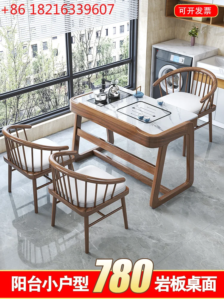 Balcony tea table and chair combination small apartment household light luxury solid wood small tea table new Chinese style