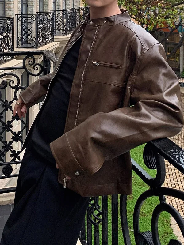 Men's 2025 Autumn New High Street Stylish Versatile Jackets American Style Retro Small Stand Collar Loose Faux Leather Jackets