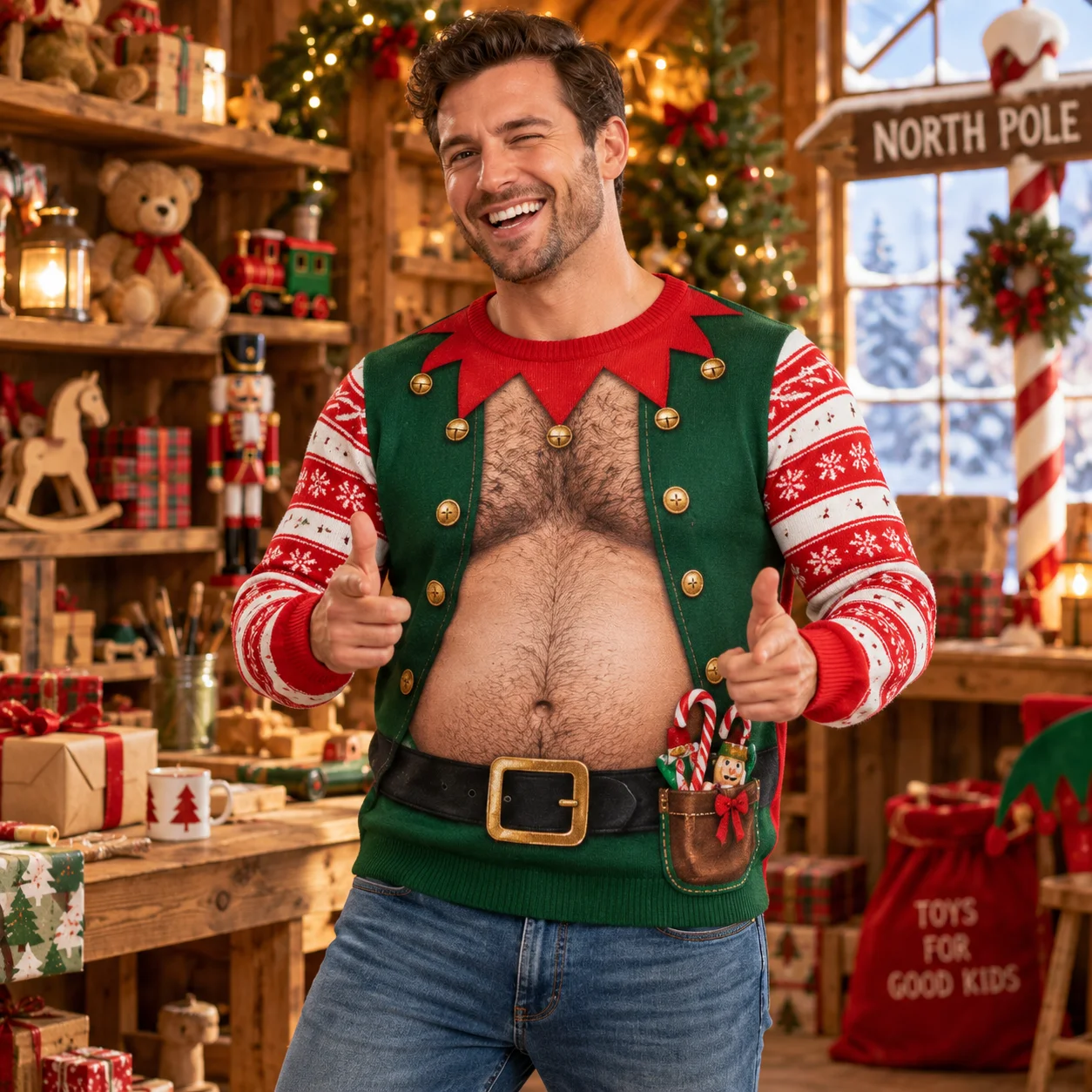 Christmas Elf Dad Bod Ugly Christmas Sweater Men 3D Print Polyester Crewneck Sweatshirt Funny Holiday Costume Pullover