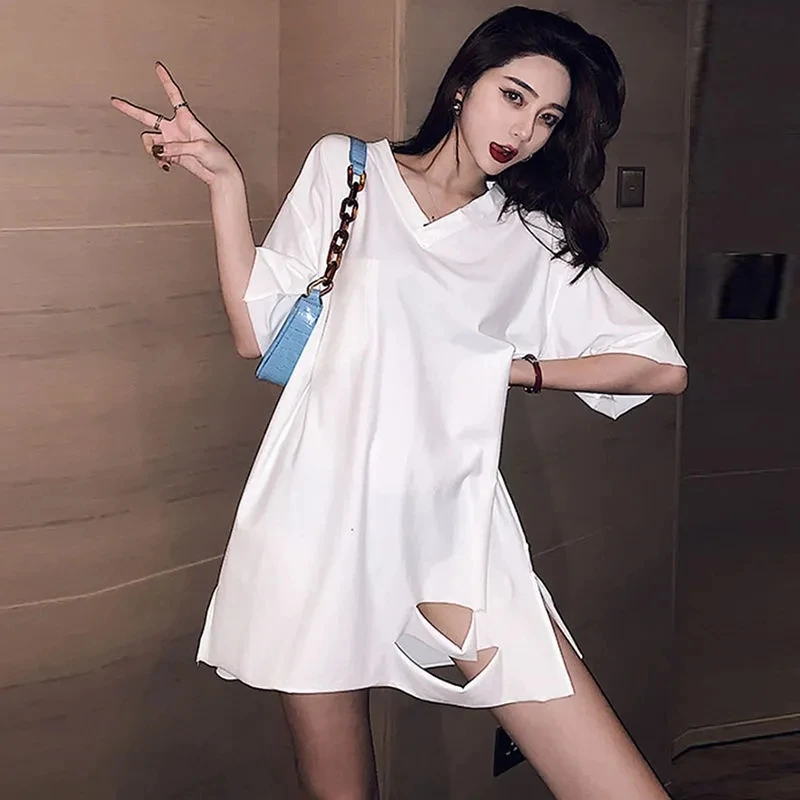 Elegant Dress Spring Summer Women Loose T-Shirt Dresses Design Casual V-neck Short Sleeve Mini Dress