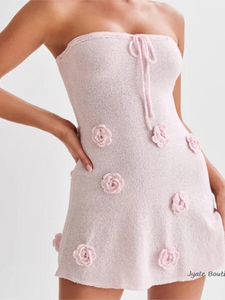 

Модное шикарное Короткое облегающее платье с цветами розы, вязаное женское летнее платье без рукавов, новинка 2024, облегающее тонкое сексуальное женское платье без бретелек