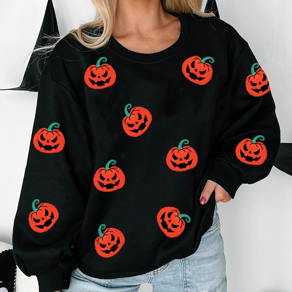 Streetwear feminino halloween solto moletom manga longa em torno do pescoço abóbora impressão pulôver