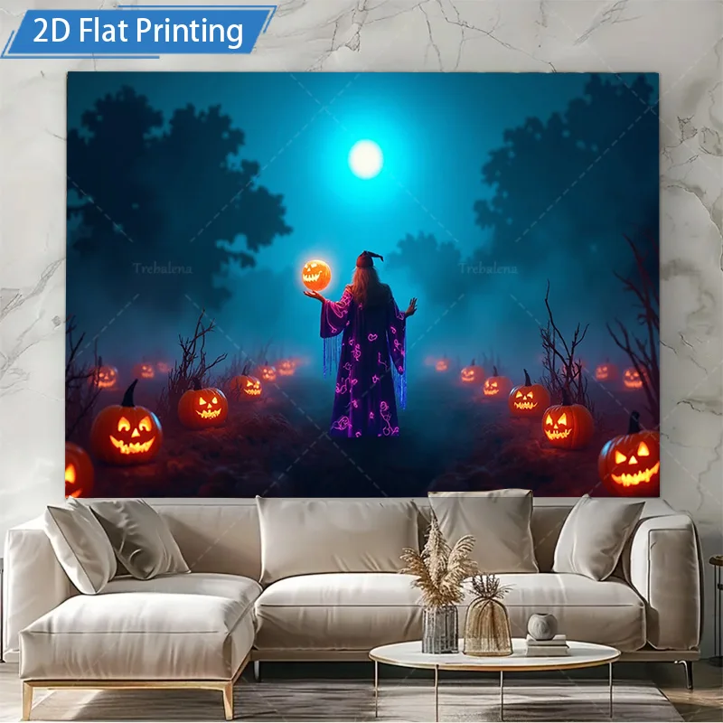 قطعة واحدة من نسيج الجدار المزخرف على شكل يقطين الهالوين - مشهد ليلي مخيف مع اكتمال القمر والساحرة