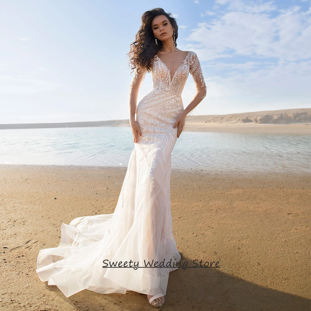 Champagne Wedding Dress Customized V Neck Long Sleeves See Through Lace Applique Bridal Gown Sweep Train  Robe Mariee
