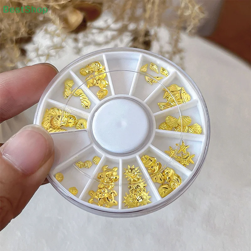 Abalorios para uñas con remaches de océano dorado 3D, 12 rejillas, caballito de mar mezclado/estrella de mar/perlas de concha/Mini cuentas de Caviar/decoración de joyería para uñas con diamantes de imitación