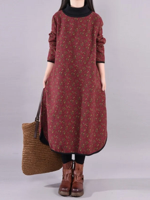 Coreano Sle talla grande mujer Dr estampado Floral Fce forrado cuello alto Midi Dr corte suelto Otoño Invierno