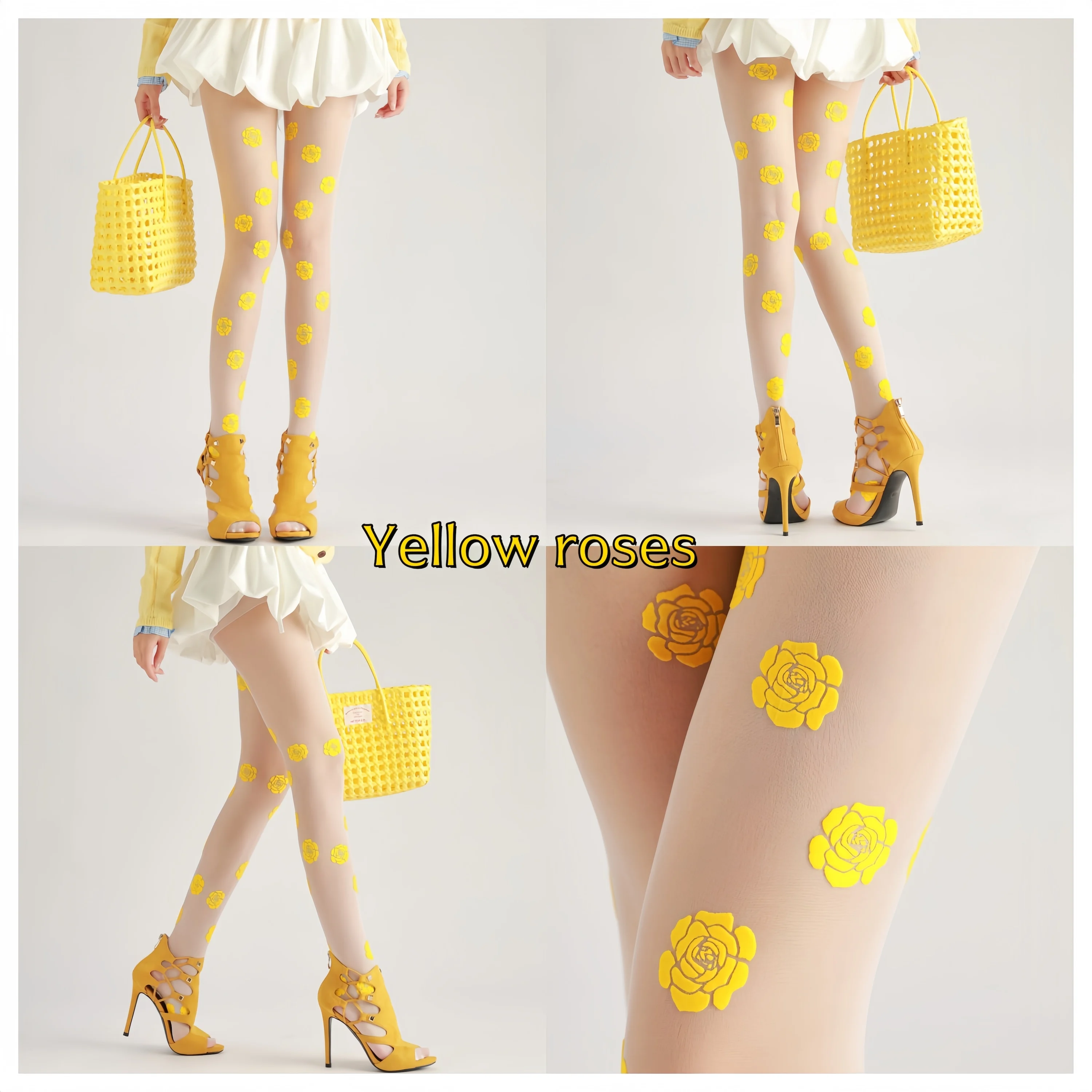 Sahabowi rose lines bows new designs tights print pantyhose for womens sheer yellow stockings