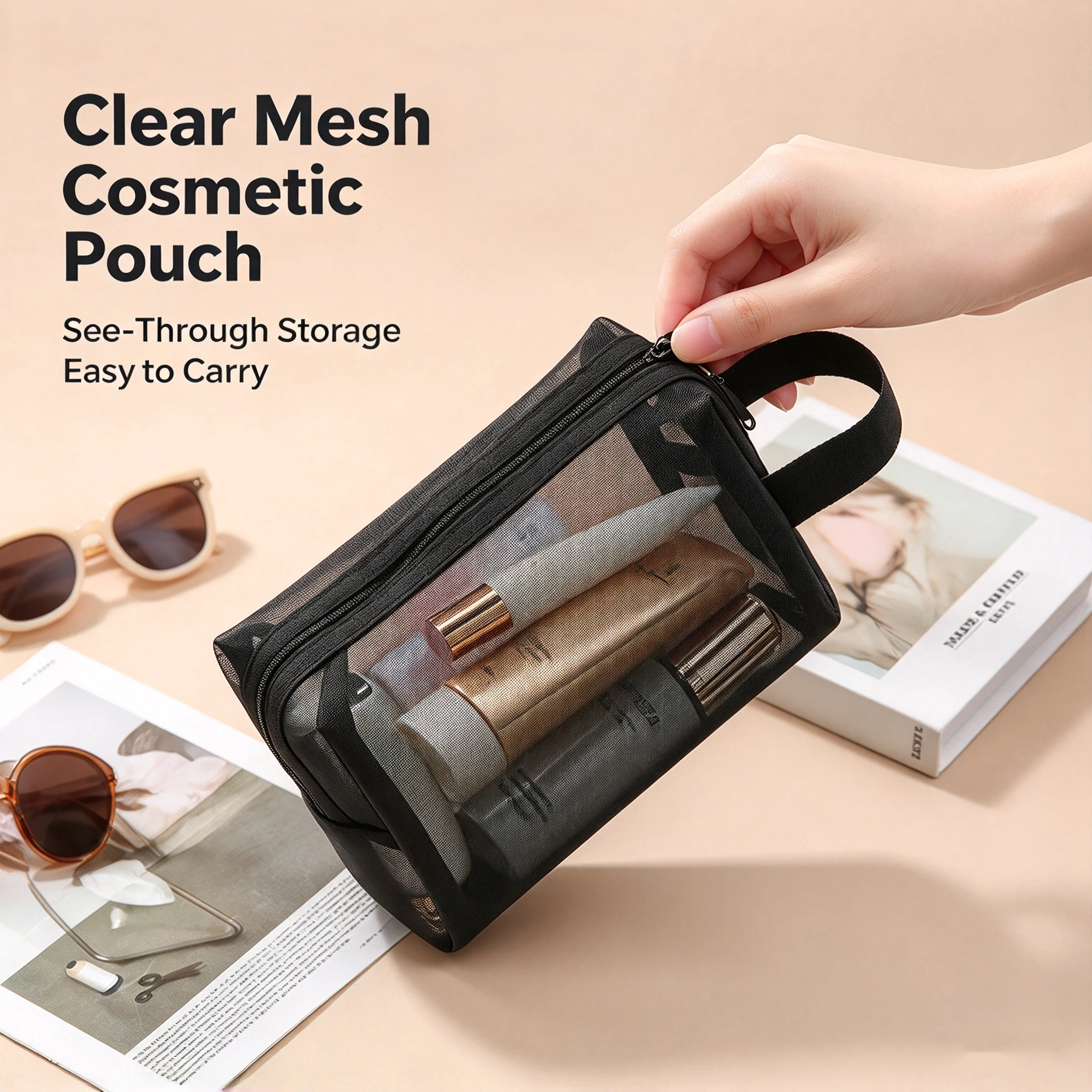 Black Layer Travel Cosmetic Bag Large Capacity Mesh Makeup Bag Makeup Storage Pouch Travel Toiletries Cosmetic Storage Bags