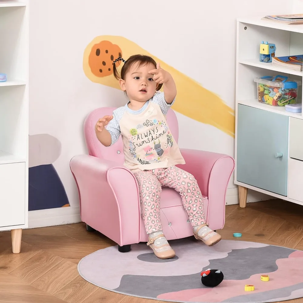 Upholstered Tufted Princess Chair for Preschoolers - Pink Couch Furniture with Diamond Decoration for Living Room