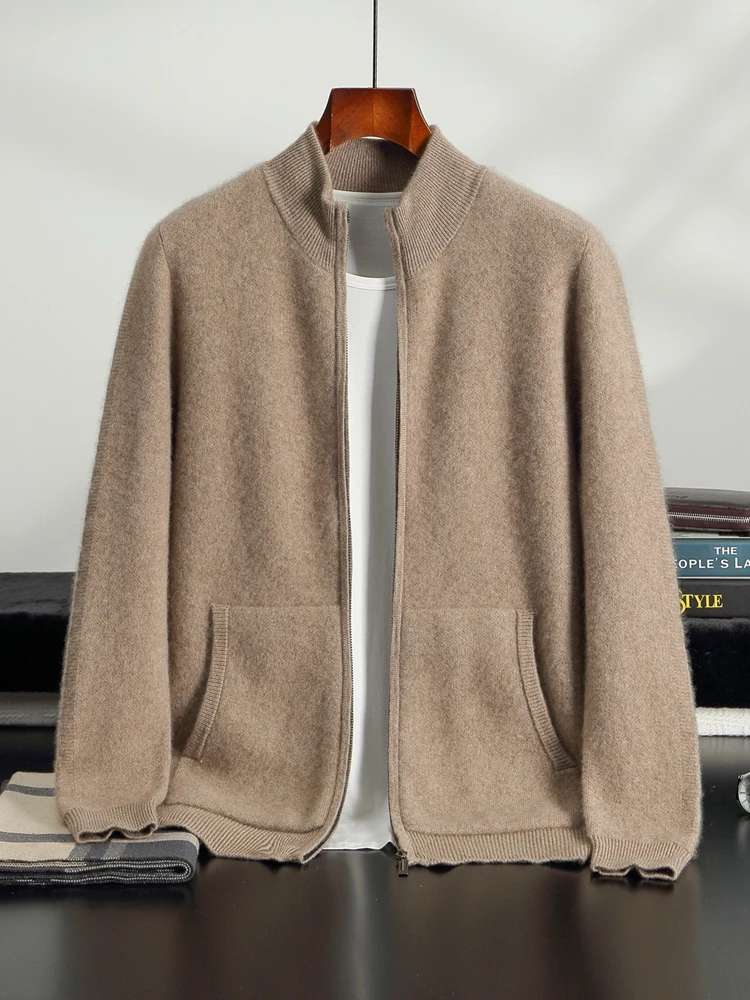 

Шикарный осенне-зимний мужской толстый базовый свитер, деловой 100% кашемировый кардиган, высокое качество, однотонный классический трикотаж на молнии