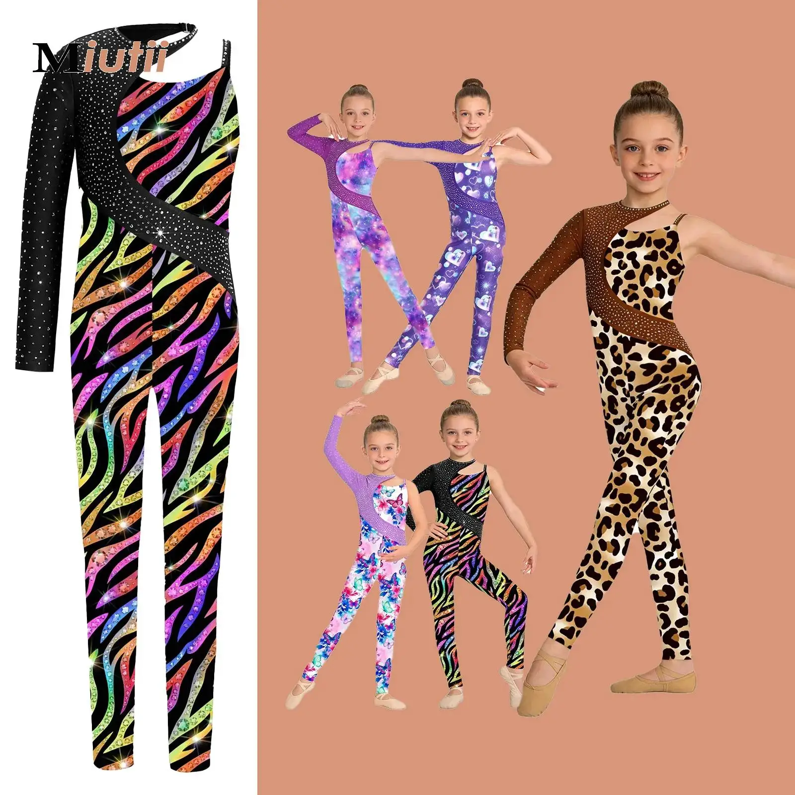 Kids Girls Acrobatics Gymnastics Leotards Figure Skating Tights Single Sleeves Rhinestones Workout Jumpsuit Performance Costume