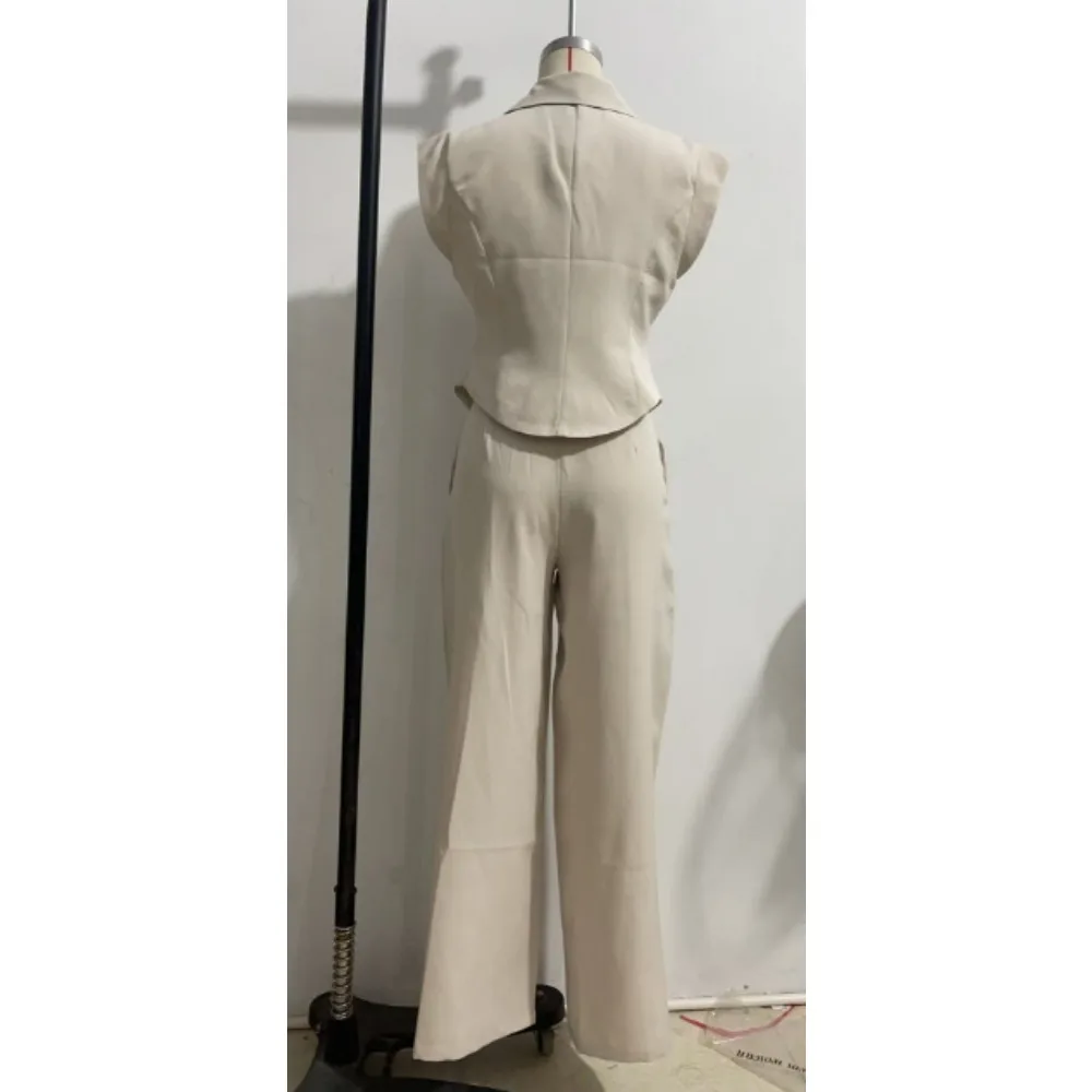 2 Piece Blazer Suit Women Fashion High-end Spring Summer New Beige Trend Sleeveless Slim Suit Jacket  Wide Leg Pants Sets Design