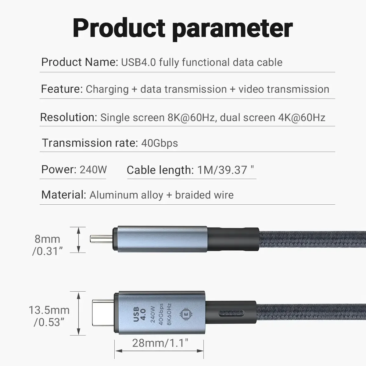 240W USB C to USB C Fast Charging Data Braided Cable with 8K Video Transfer & 40Gbps Speed For iPhone 16 Pro Macbook TV Laptop