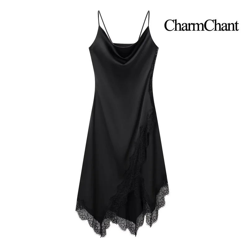 CharmChant-vestido negro de encaje satinado con cuello vuelto, dobladillo asimétrico, tirantes finos, vestidos de noche de fiesta sexys elegantes de lujo