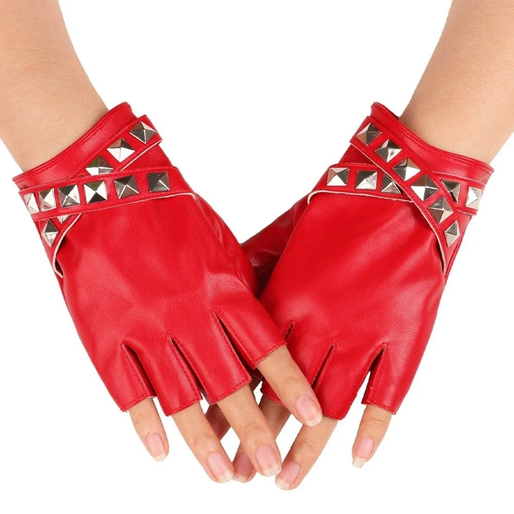Punk Style Half Finger Gloves Faux Leather Material Half Finger Design Faux Leather Gloves Rivet Detail Punk Rivet Gloves