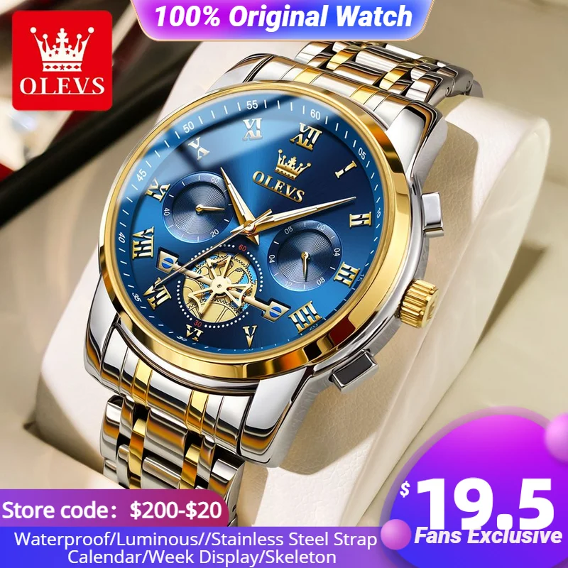 OLEVS – montre de luxe pour hommes, multifonction, étanche, lumineuse, en acier inoxydable, affichage calendrier/semaine, Business Top, Quartz