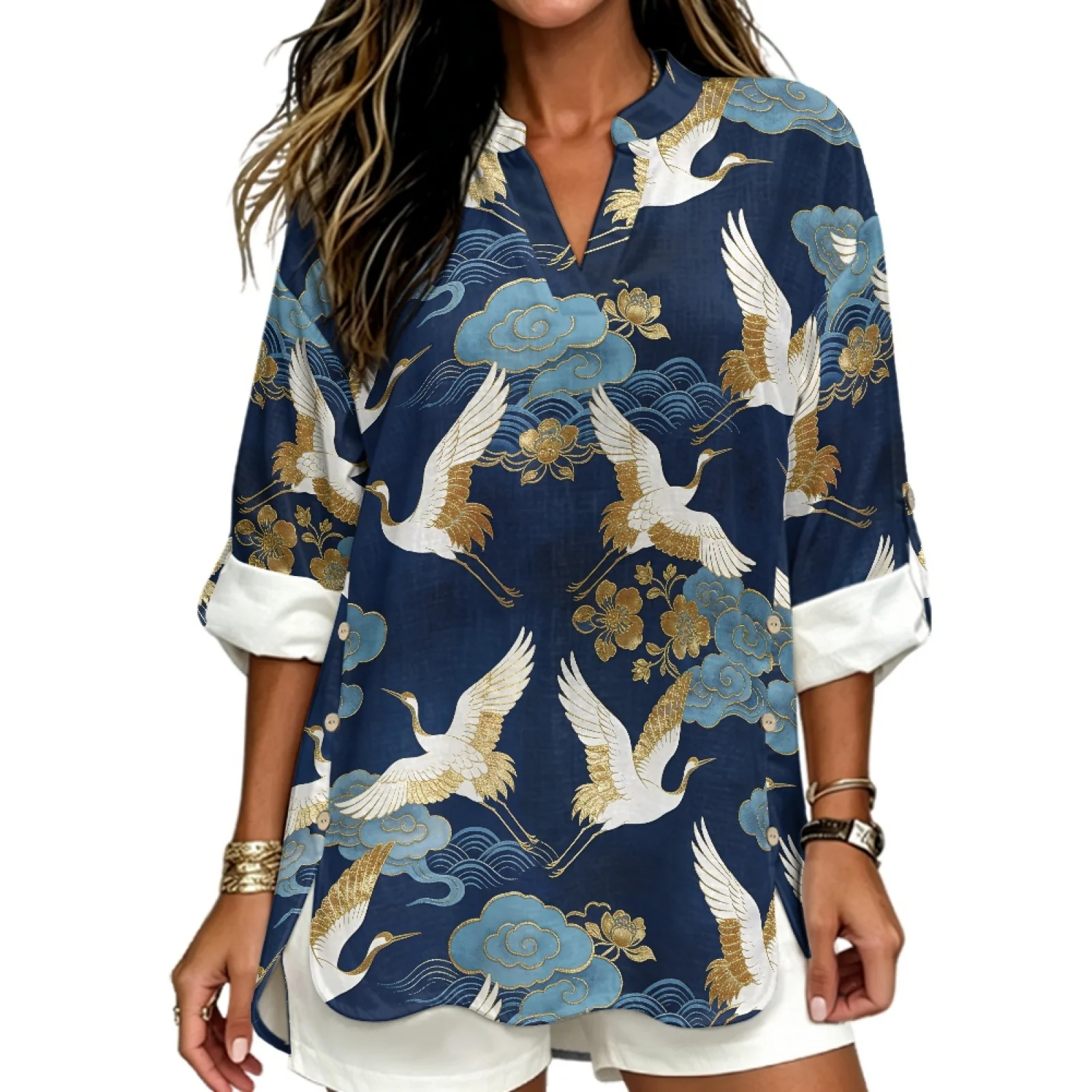 PENSTROLL Crane Bird Pattern Linen Style Notch V Neck Blouses Trendy Long Sleeve Tops for Business Sizes S-5XL