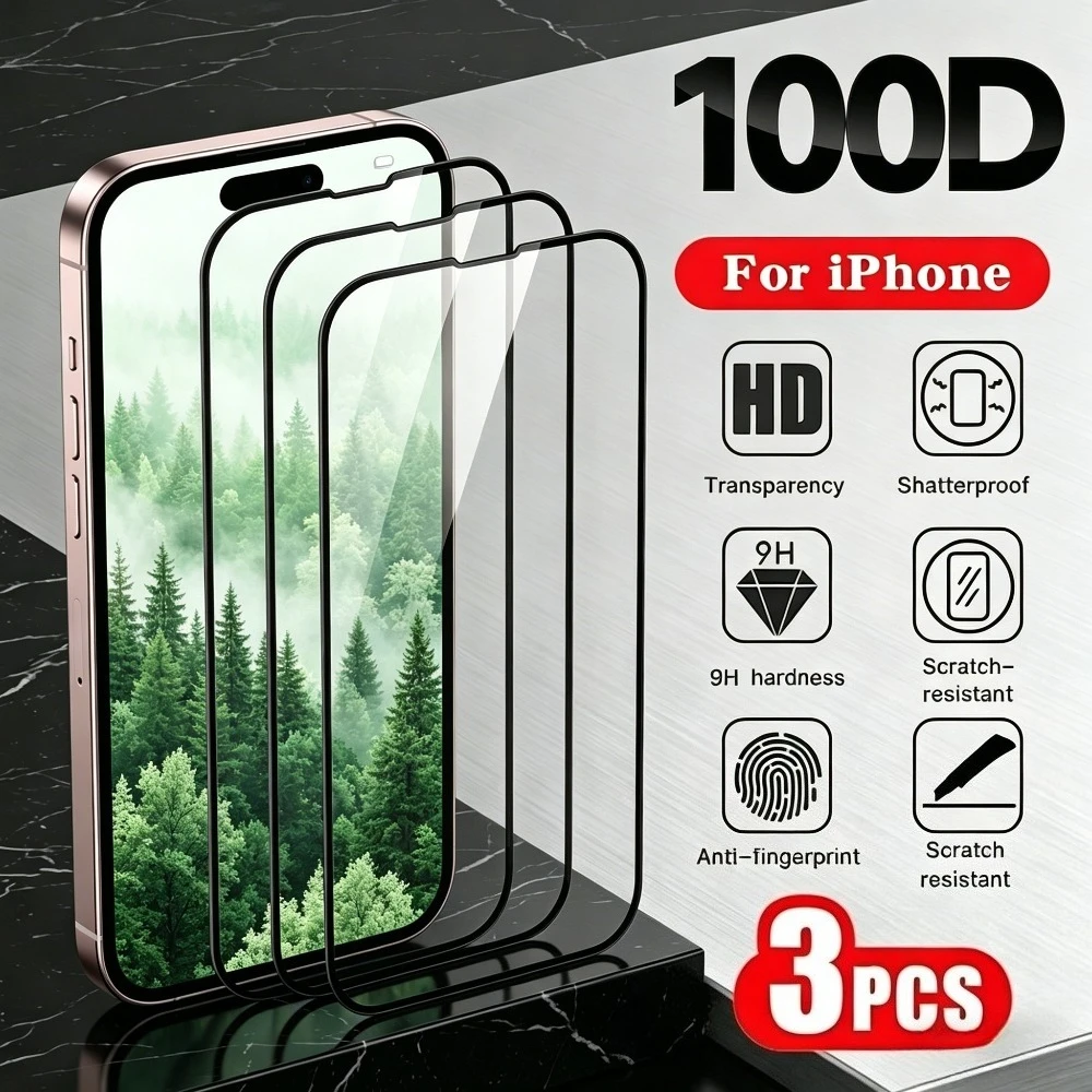 

3Pcs Full Cover Screen Protector for iPhone 17 16 15 14 Pro Max Air 16e 17e Tempered Glass for iPhone 15 14 Plus 13 12 11 Pro