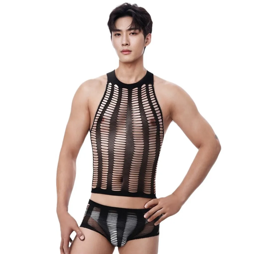 ﻿   قطعتين بيجامة الرجال شير الملابس الداخلية أزياء الذكور داخلية أكمام شفافة مثلي الجنس ازياء الساخن شبكة الاباحية بذلة