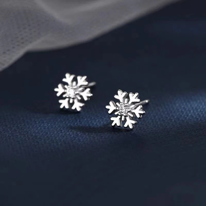 Real 925 Sterling Silver Zircon Snowflake Mini Stud Earrings For Women Classic Fine Jewelry Light Luxury Daily Accessories